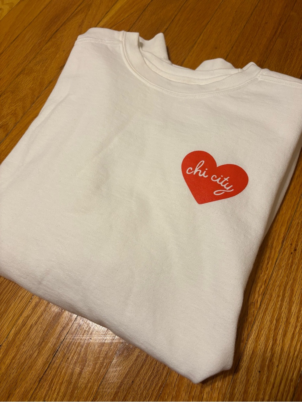 White Crewneck Sweater with Red Heart Graphic